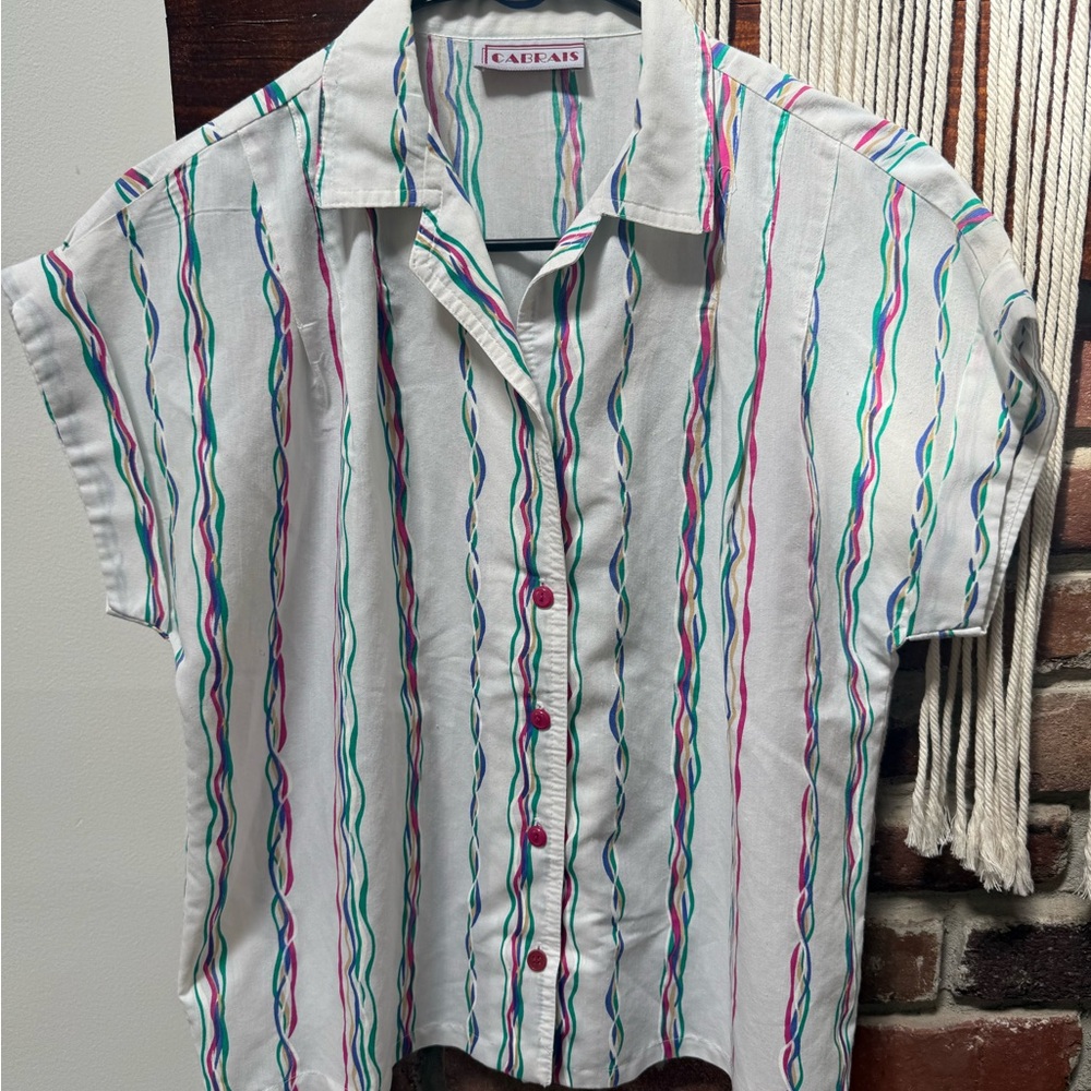 Vintage White Button-Down Shirt with Pink, Teal & Purple Stripes